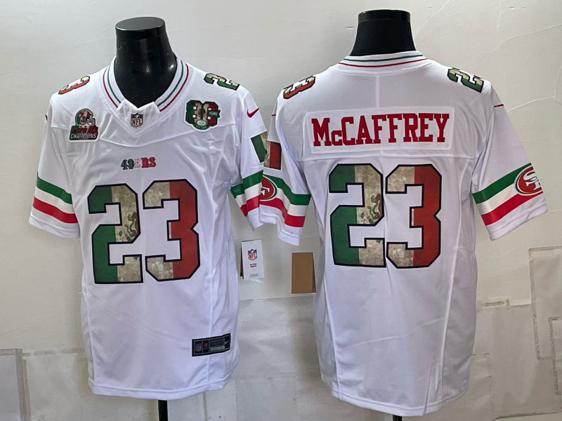 Men's San Francisco 49ers #23 Christian McCaffrey White Mexico 80th Anniversary Five Time Super Bowl Champions Patch 2026 F.U.S.E. Vapor Untouchable Limited Stitched Football Jersey