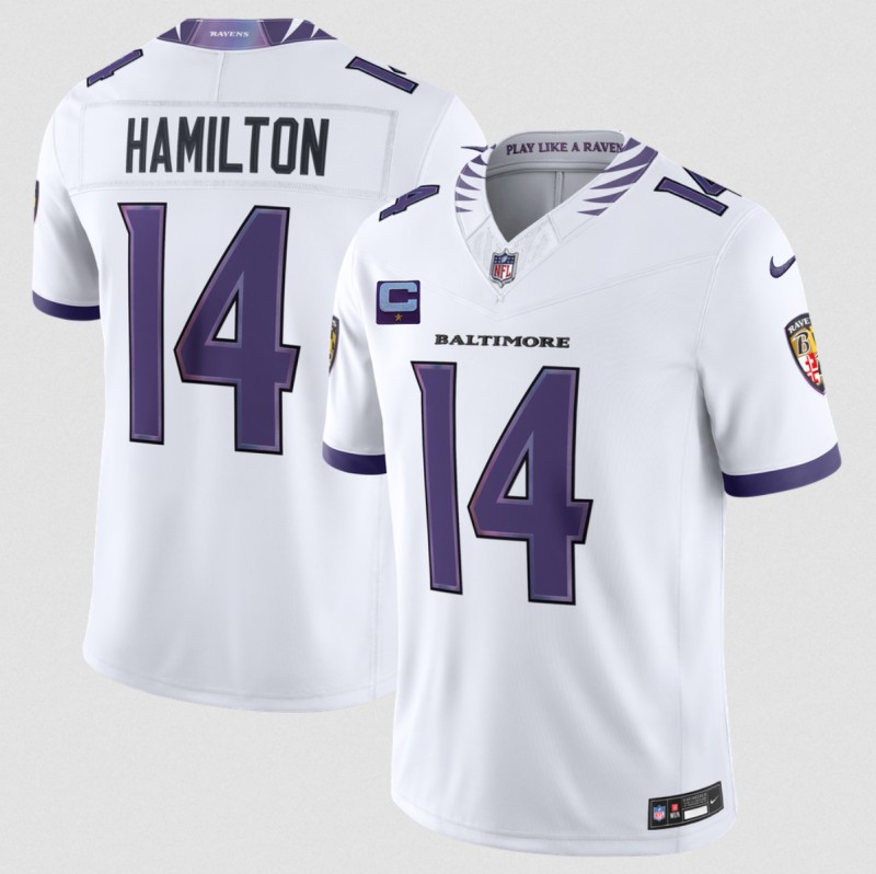 Men's Baltimore Ravens #14 Kyle Hamilton White 2026 With 1-Star C Patch F.U.S.E. Vapor Stitched Limited Football Jersey