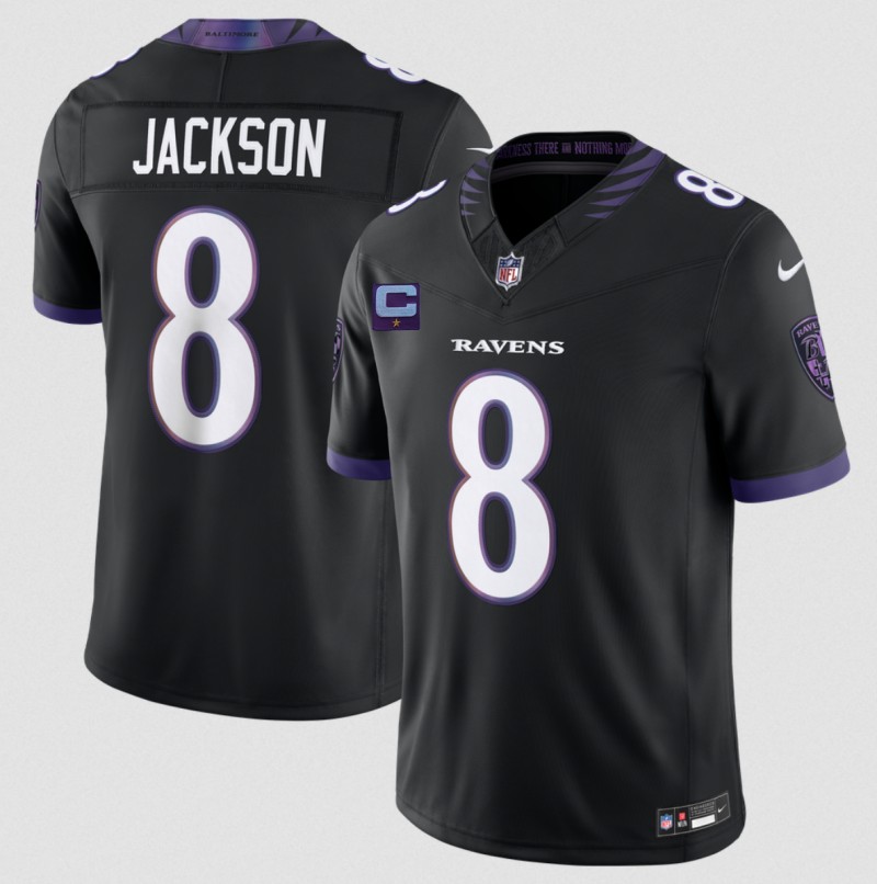 Men's Baltimore Ravens #8 Lamar Jackson Black 2026 With 1-Star C Patch F.U.S.E. Alternate Vapor Stitched Limited Football Jersey