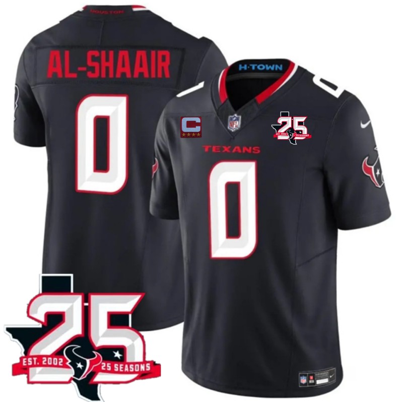 Men's Houston Texans #0 Azeez Al-Shaair Navy 2nd Alternate 2026 With 25th Anniversary Patch And 4-Star C Patch  F.U.S.E. Vapor Limited Stitched Football Jersey