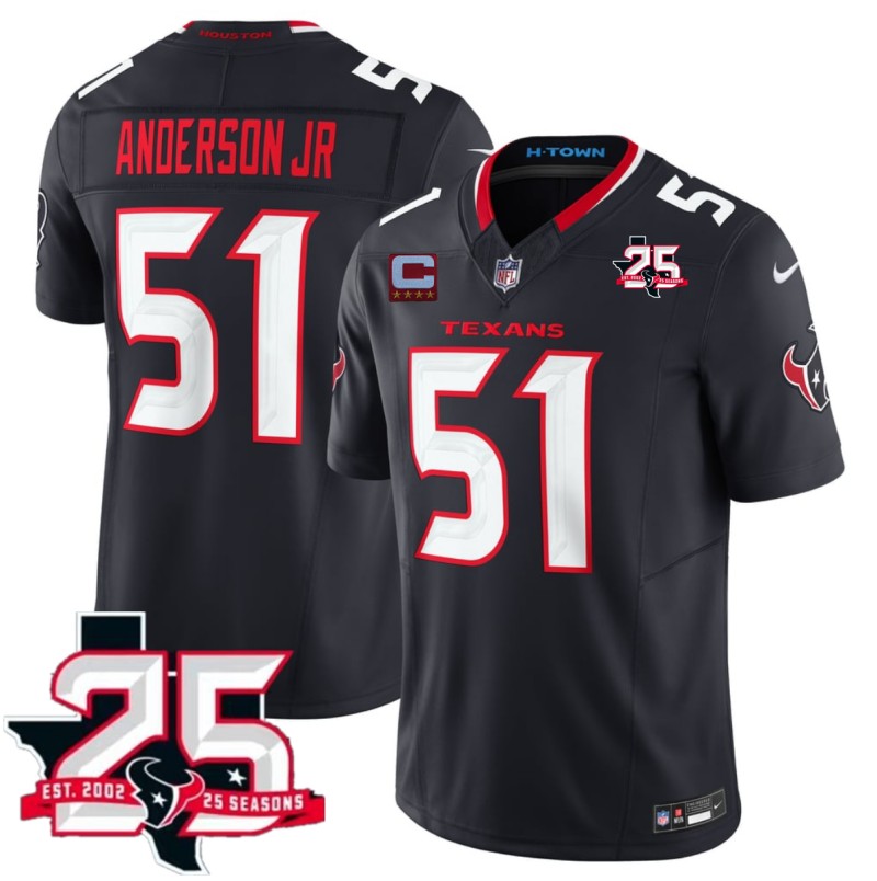 Men's Houston Texans #51 Will Anderson Jr Navy 2nd Alternate 2026 With 25th Anniversary Patch And 4-Star C Patch  F.U.S.E. Vapor Limited Stitched Football Jersey