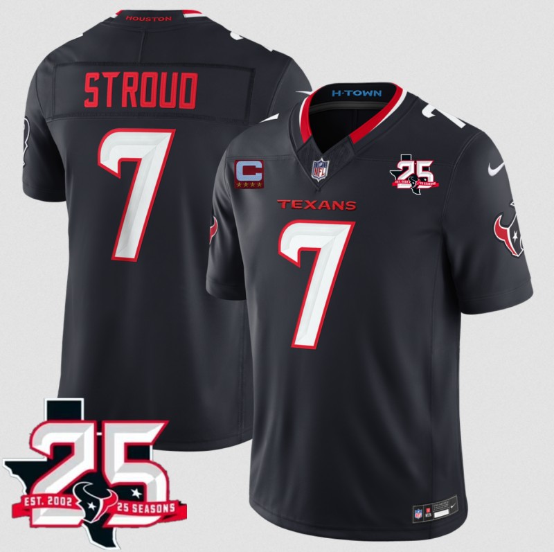 Men's Houston Texans #7 C.J. Stroud Navy 2nd Alternate 2026 With 25th Anniversary Patch And 4-Star C Patch  F.U.S.E. Vapor Limited Stitched Football Jersey