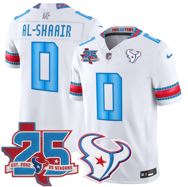 Men's Houston Texans #0 Azeez Al-Shaair White 2026 25th Anniversary Patch F.U.S.E. 'HOUSTON_US' Rivalries Collection Limited Stitched Football Jersey