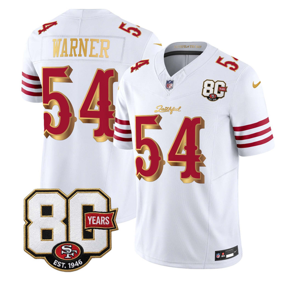 Men's San Francisco 49ers #54 Fred Warner White Gold 80th Anniversary Patch “Rivalries” 2026 F.U.S.E. Vapor Untouchabl Limited Stitched Football Jersey
