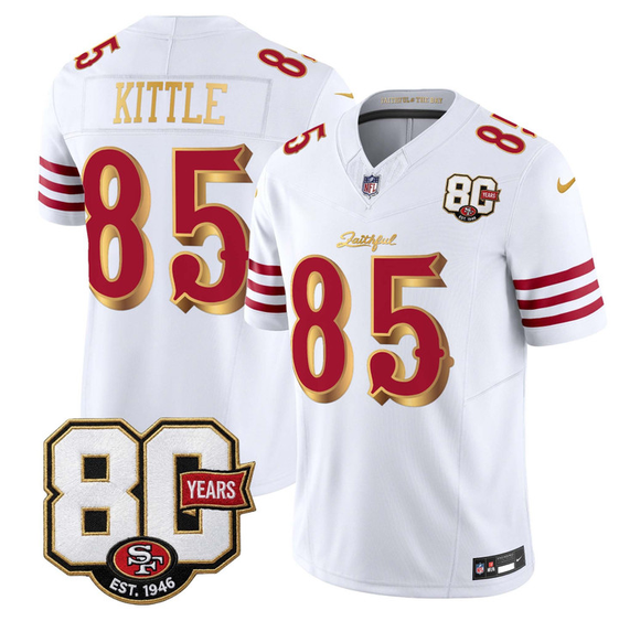 Men's San Francisco 49ers #85 George kittle White Gold 80th Anniversary Patch “Rivalries” 2026 F.U.S.E. Vapor Untouchabl Limited Stitched Football Jersey