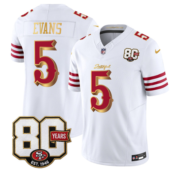 Men's San Francisco 49ers #5 Mike Evans White Gold 80th Anniversary Patch “Rivalries” 2026 F.U.S.E. Vapor Untouchabl Limited Stitched Football Jersey