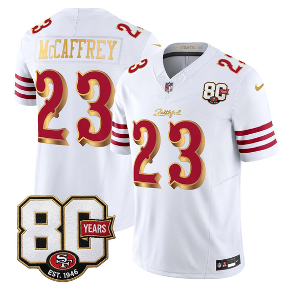 Men's San Francisco 49ers #23 Christian McCaffrey White Gold 80th Anniversary Patch “Rivalries” 2026 F.U.S.E. Vapor Untouchabl Limited Stitched Football Jersey