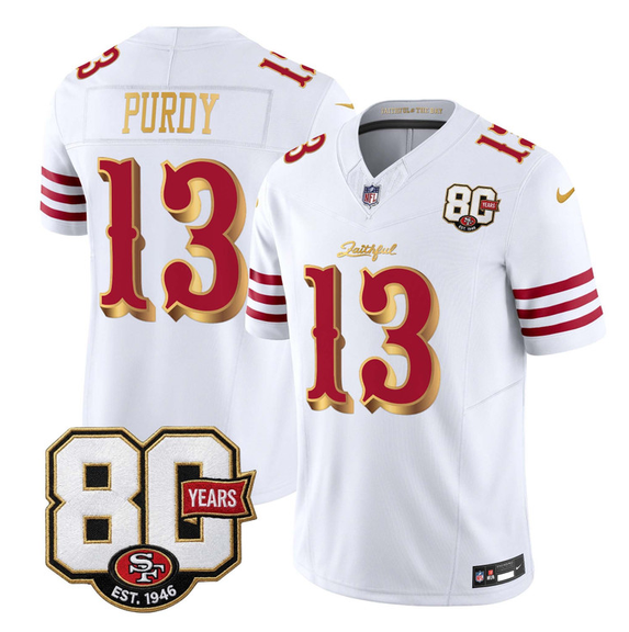 Men's San Francisco 49ers #13 Brock Purdy White Gold 80th Anniversary Patch “Rivalries” 2026 F.U.S.E. Vapor Untouchabl Limited Stitched Football Jersey