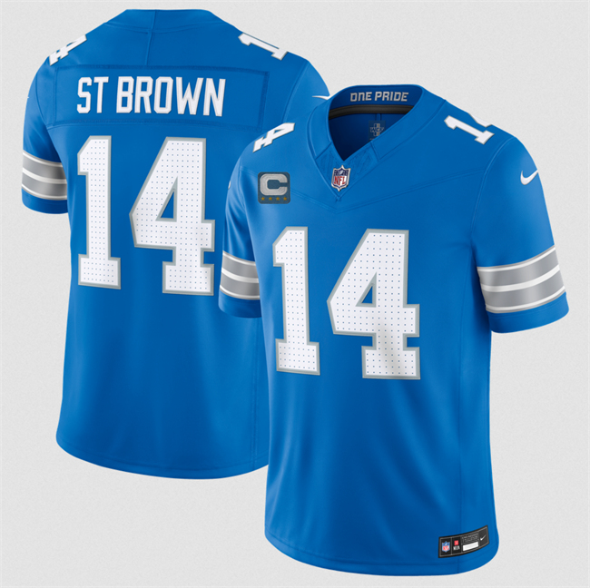 Men's Detroit Lions #14 Amon-Ra St. Brown Blue 2026 With 4-Star C Patch  F.U.S.E. Vapor Limited Stitched Jersey