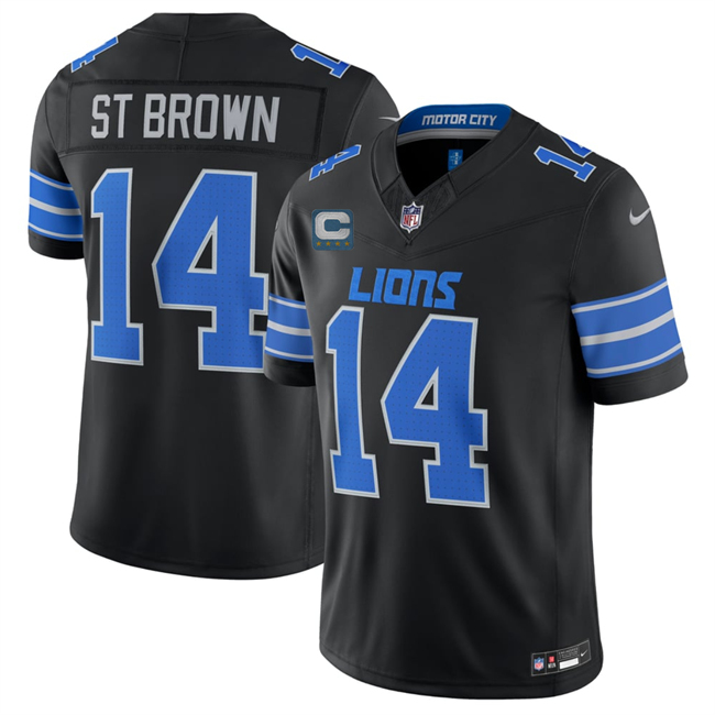 Men's Detroit Lions #14 Amon-Ra St. Brown Black 2026 With 4-Star C Patch  F.U.S.E. Vapor Limited Stitched Jersey