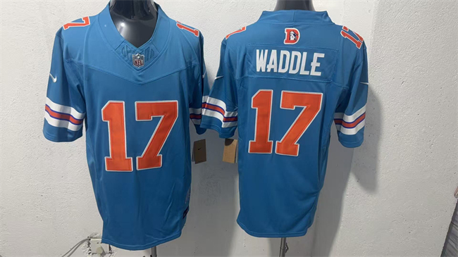 Men's Denver Broncos #17 Jaylen Waddle Blue F.U.S.E. With Patch Throwback Vapor Limited Stitched Football Jersey