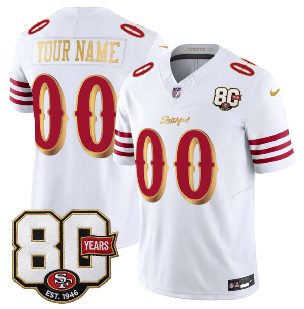 Men & Women & Youth San Francisco 49ers Active Player Custom White Gold 80th Anniversary Patch “Rivalries” 2026 F.U.S.E. Vapor Untouchabl Limited Stitched Football Jersey