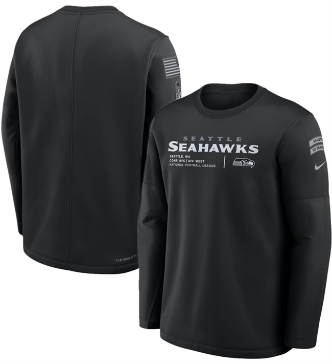 Men's Seattle Seahawks Black 2026 Salute to Service Sideline Coaches Crewneck Therma-FIT Sweatshirt