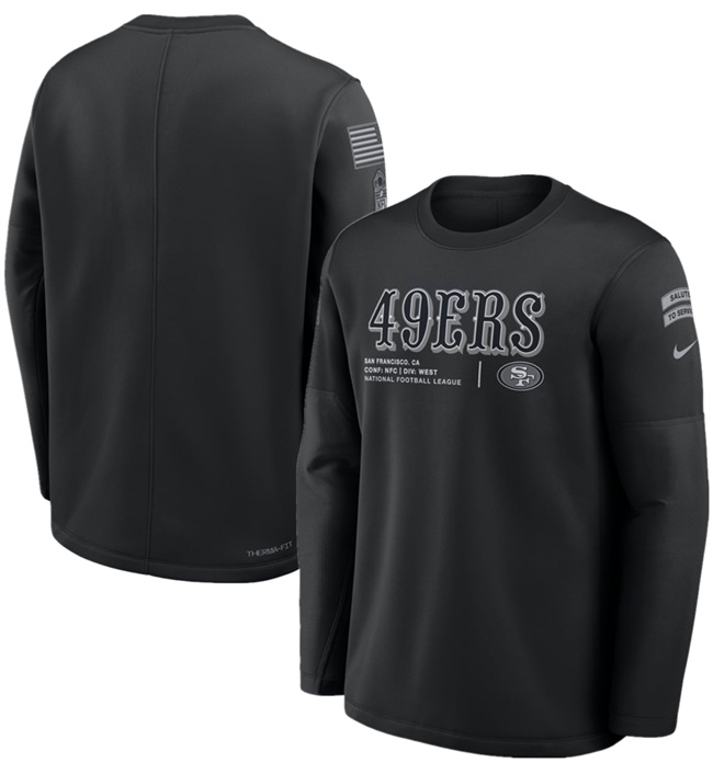 Men's San Francisco 49ers Black 2026 Salute to Service Sideline Coaches Crewneck Therma-FIT Sweatshirt
