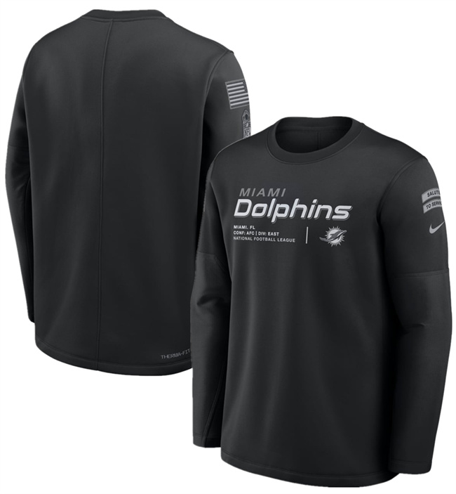 Men's Miami Dolphins Black 2026 Salute to Service Sideline Coaches Crewneck Therma-FIT Sweatshirt