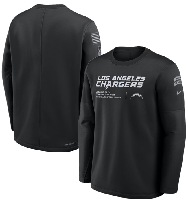 Men's Los Angeles Chargers Black 2026 Salute to Service Sideline Coaches Crewneck Therma-FIT Sweatshirt