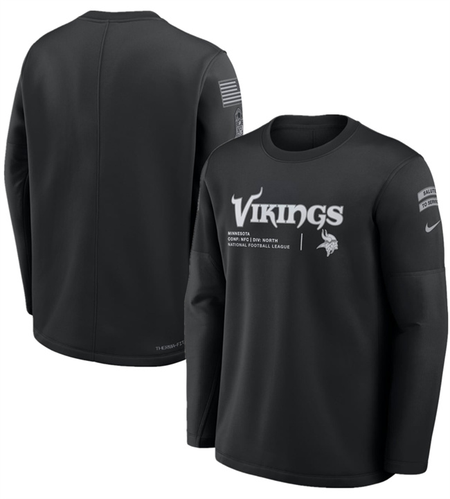 Men's Minnesota Vikings Black 2026 Salute to Service Sideline Coaches Crewneck Therma-FIT Sweatshirt