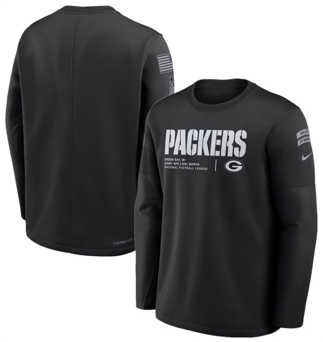 Men's Green Bay Packers Black 2026 Salute to Service Sideline Coaches Crewneck Therma-FIT Sweatshirt