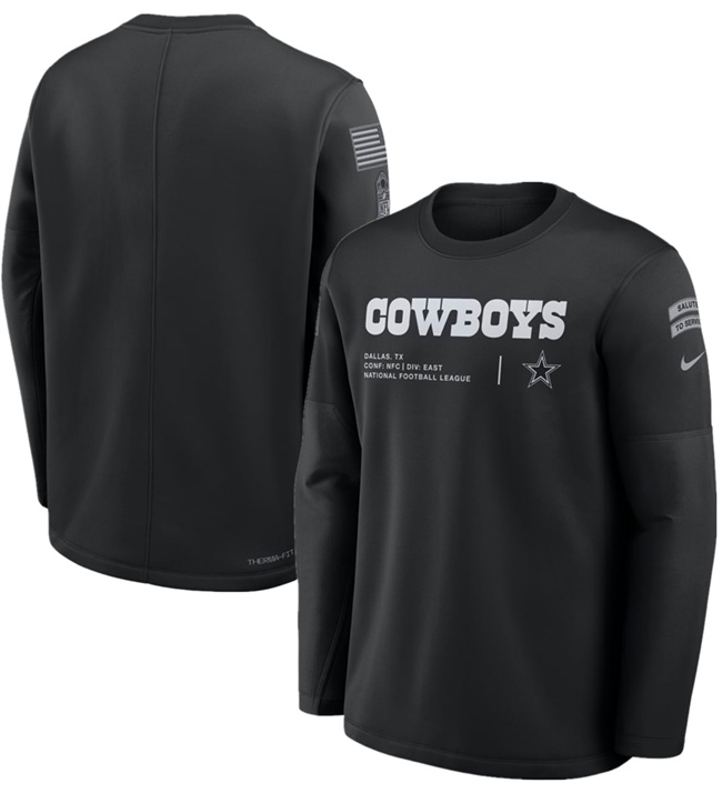 Men's Dallas Cowboys Black 2026 Salute to Service Sideline Coaches Crewneck Therma-FIT Sweatshirt