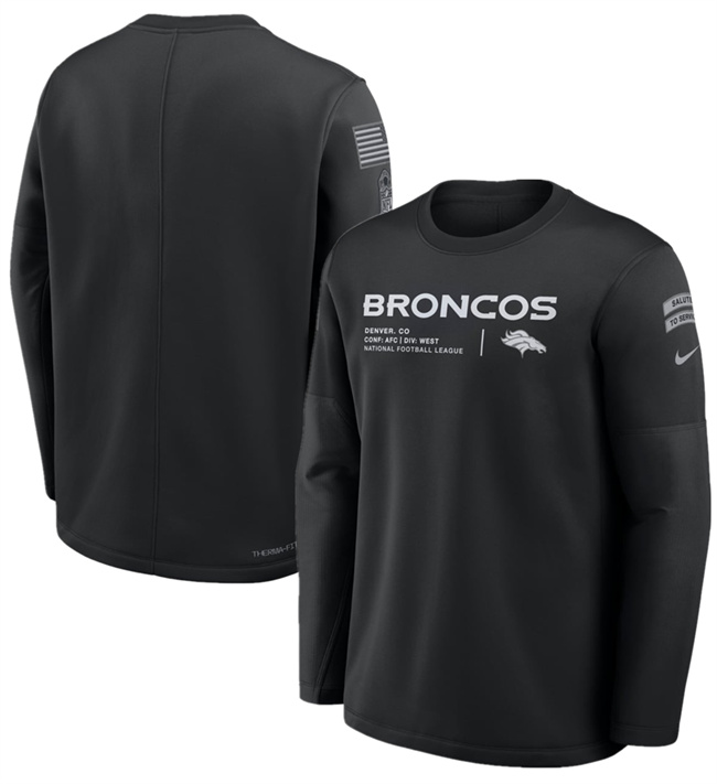 Men's Denver Broncos Black 2026 Salute to Service Sideline Coaches Crewneck Therma-FIT Sweatshirt