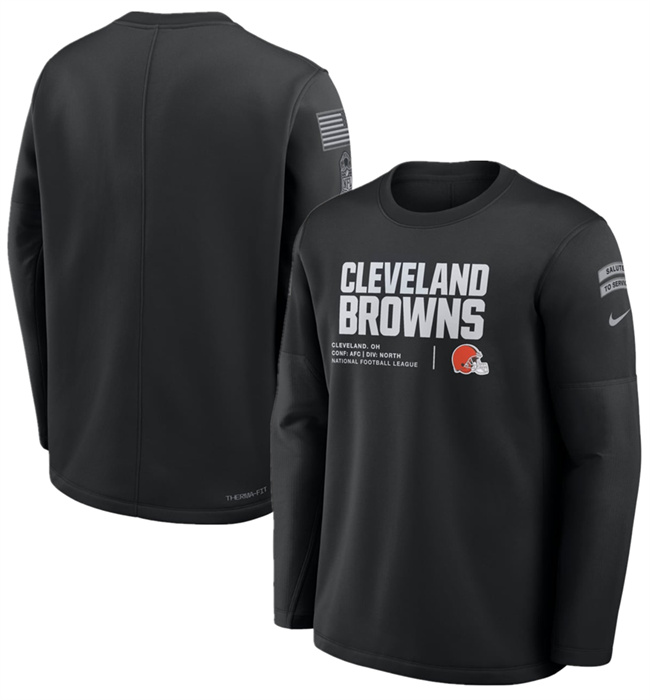 Men's Cleveland Browns Black 2026 Salute to Service Sideline Coaches Crewneck Therma-FIT Sweatshirt
