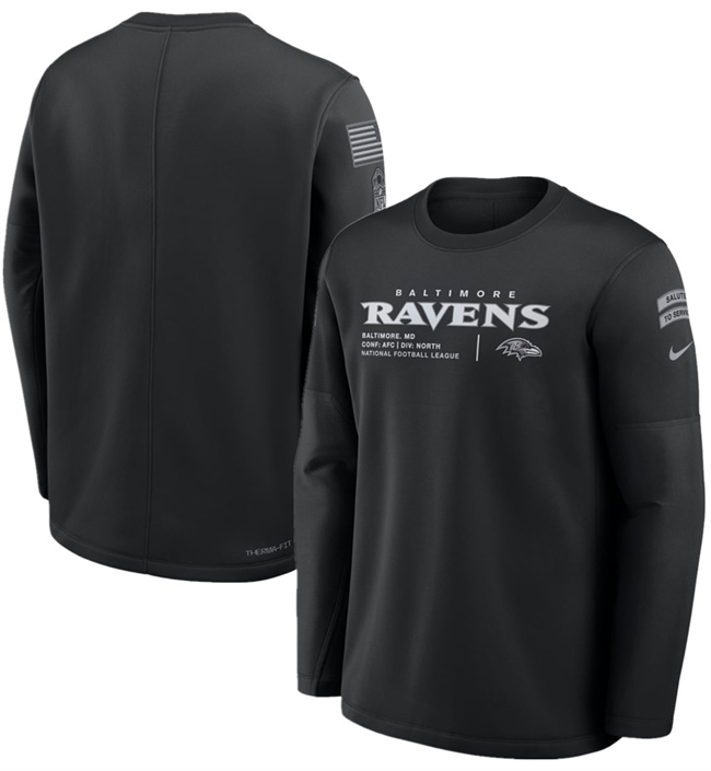 Men's Baltimore Ravens Black 2026 Salute to Service Sideline Coaches Crewneck Therma-FIT Sweatshirt