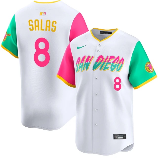 Men's San Diego Padres #8 Ethan Salas White Neon City Connect Nike Limited Stitched Baseball Jersey