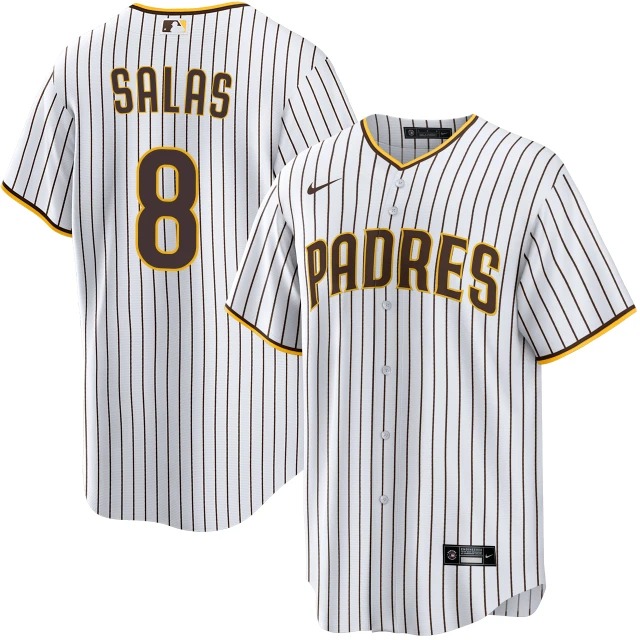 Men's San Diego Padres #8 Ethan Salas White Brown Pinstripe Home Stitched Baseball Jersey