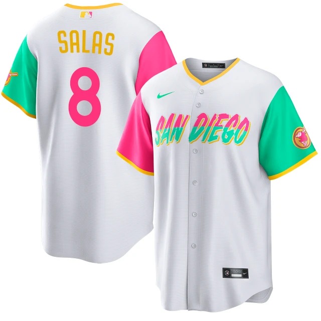 Men's San Diego Padres #8 Ethan Salas White Neon City Connect Stitched Baseball Jersey