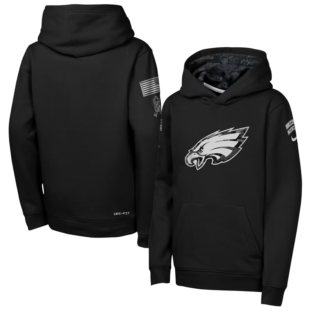 Youth Philadelphia Eagles Black 2026 Salute to Service Club Fleece Pullover Hoodie