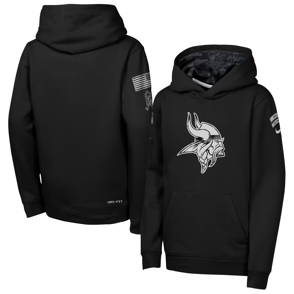 Youth Minnesota Vikings Black 2026 Salute to Service Club Fleece Pullover Hoodie