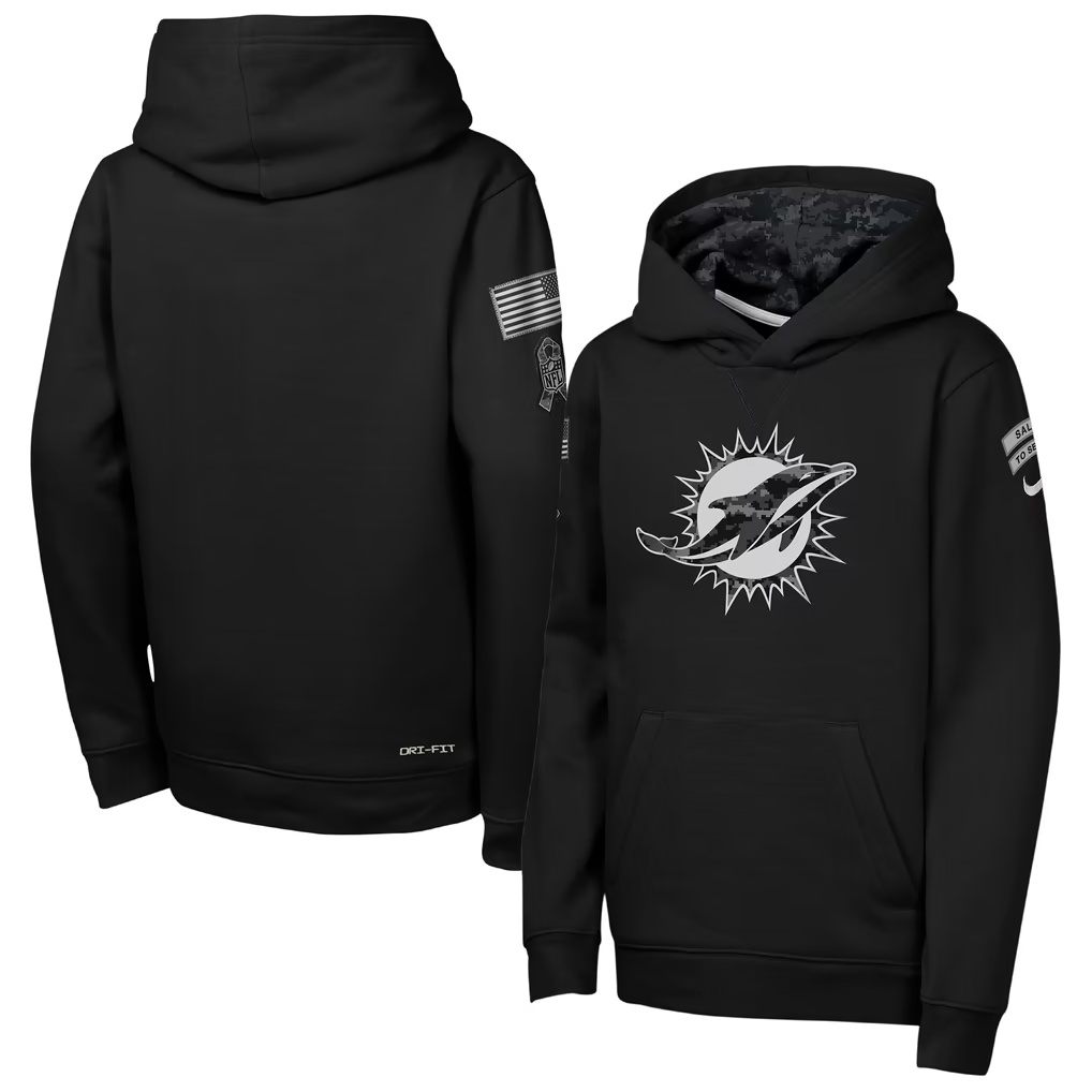 Youth Miami Dolphins Black 2026 Salute to Service Club Fleece Pullover Hoodie