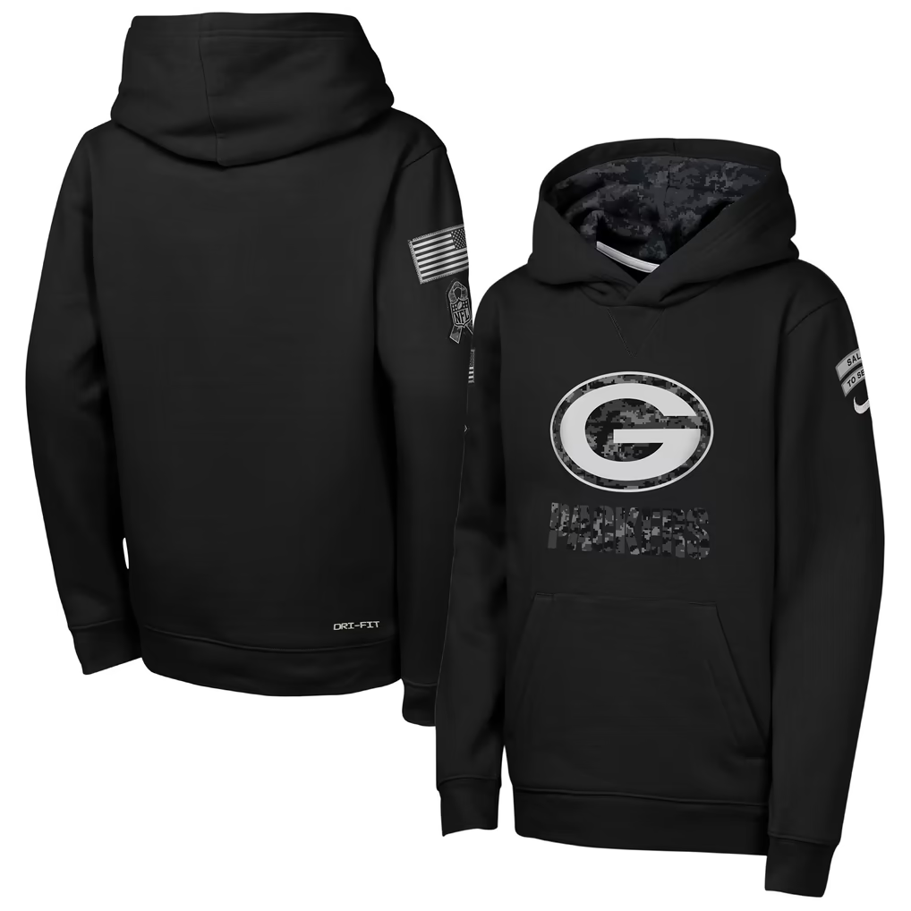 Youth Green Bay Packers Black 2026 Salute to Service Club Fleece Pullover Hoodie