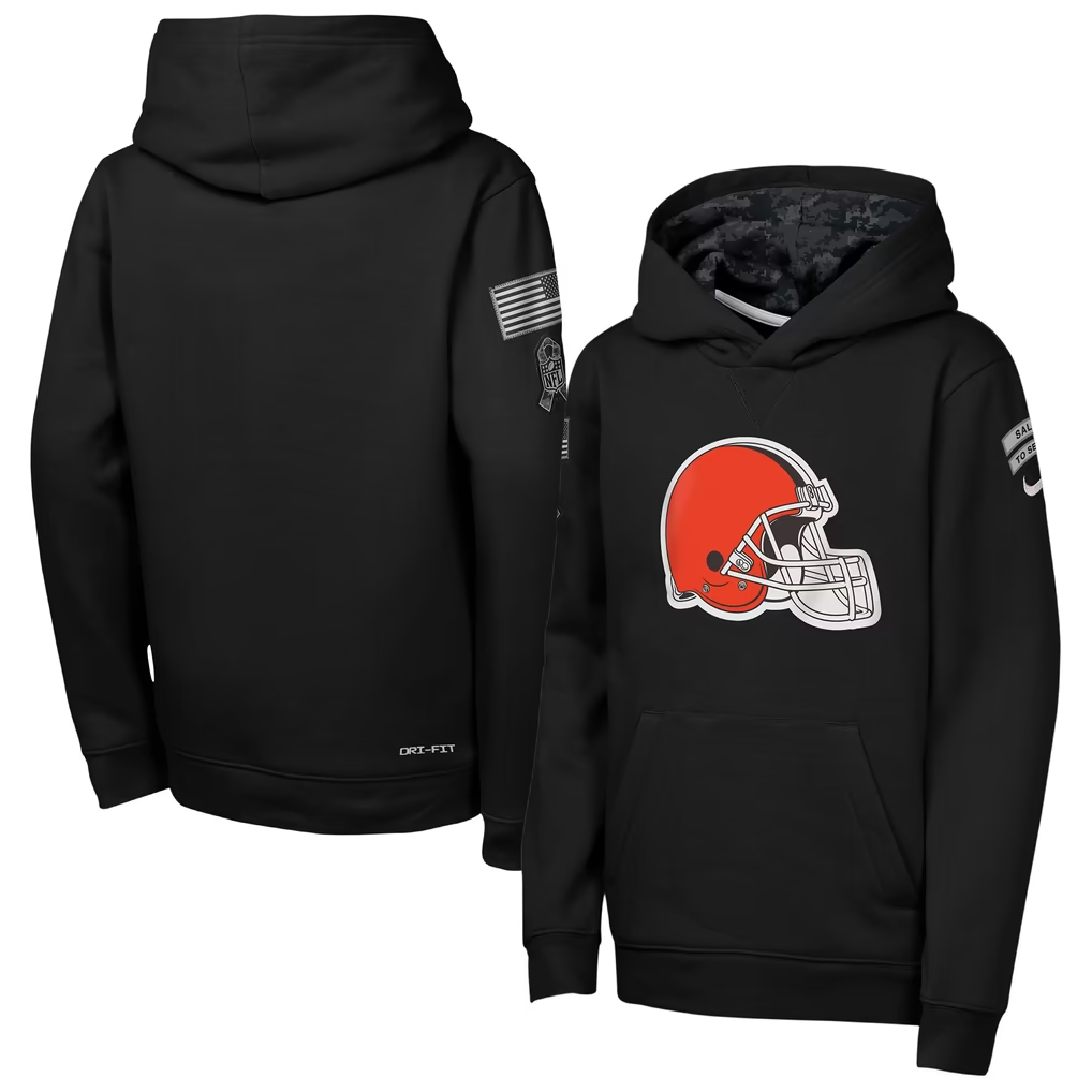 Youth Cleveland Browns Black 2026 Salute to Service Club Fleece Pullover Hoodie
