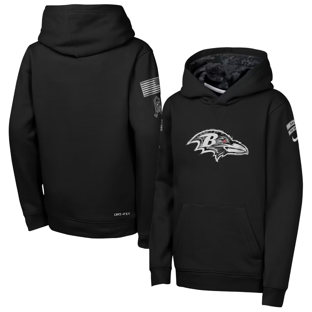 Youth Baltimore Ravens Black 2026 Salute to Service Club Fleece Pullover Hoodie