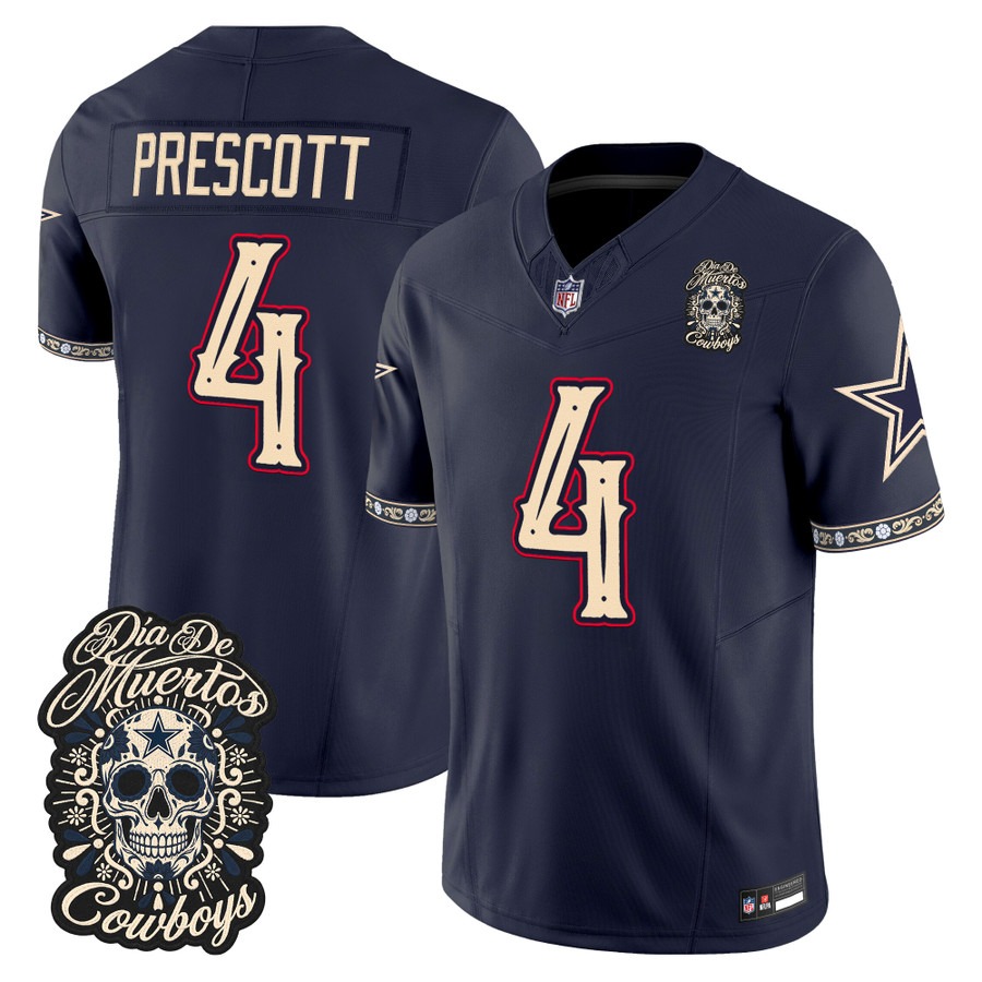 Men & Women & Youth Dallas Cowboys #4 Dak Prescott Navy Dia de los Muertos Vapor Limited Jersey - All Stitched