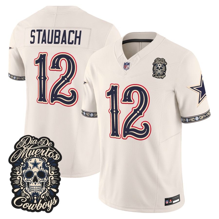 Men & Women & Youth Dallas Cowboys #12 Roger Staubach Bone Dia de los Muertos Vapor Limited Jersey - All Stitched