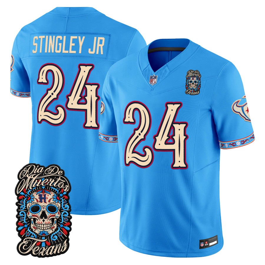 Men & Women & Youth Houston Texans #24 Derek Stingley Jr. Blue Dia de los Muertos Vapor Limited Jersey - All Stitched
