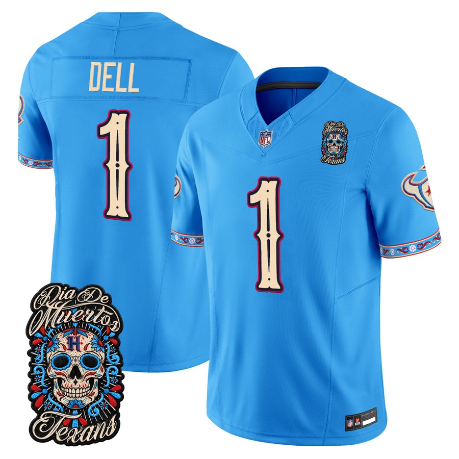 Men & Women & Youth Houston Texans #1 Tank Dell Blue Dia de los Muertos Vapor Limited Jersey - All Stitched