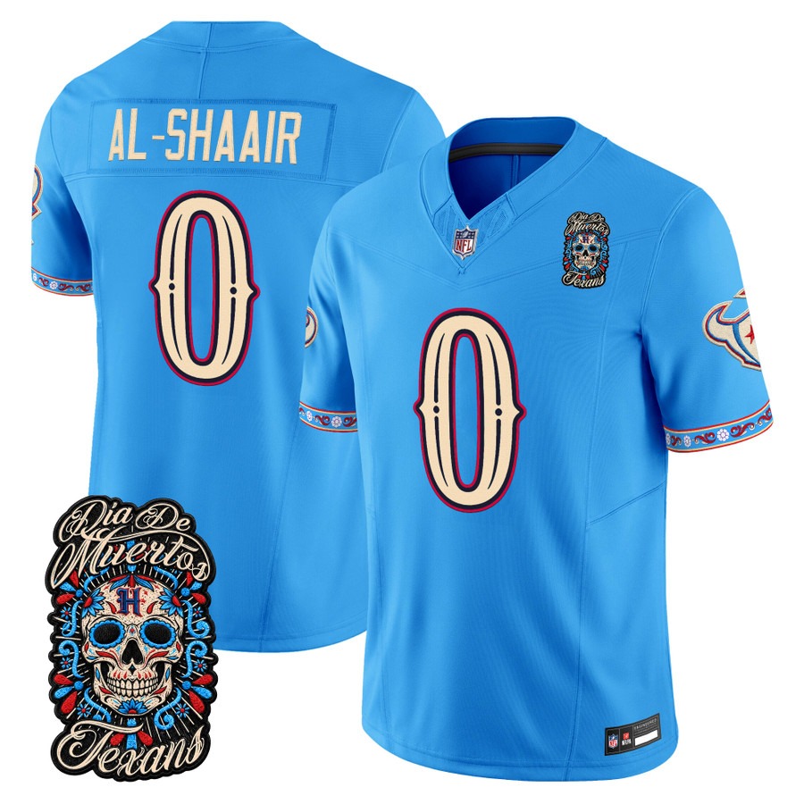 Men & Women & Youth Houston Texans #0 Azeez Al-Shaair Blue Dia de los Muertos Vapor Limited Jersey - All Stitched