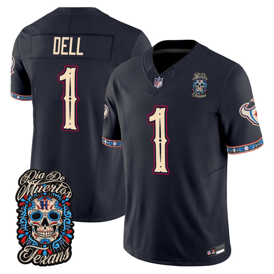 Men & Women & Youth Houston Texans #1 Tank Dell Navy Dia de los Muertos Vapor Limited Jersey - All Stitched
