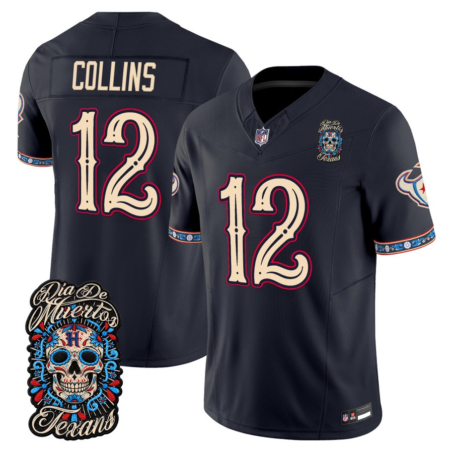 Men & Women & Youth Houston Texans #12 Nico Collins Navy Dia de los Muertos Vapor Limited Jersey - All Stitched