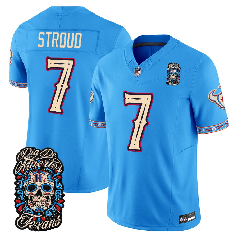 Men & Women & Youth Houston Texans #7 CJ Stroud Blue Dia de los Muertos Vapor Limited Jersey - All Stitched