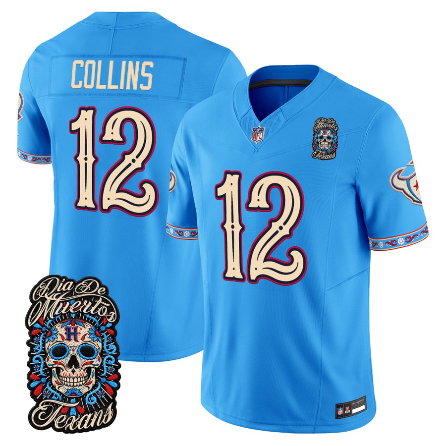 Men & Women & Youth Houston Texans #12 Nico Collins Blue Dia de los Muertos Vapor Limited Jersey - All Stitched