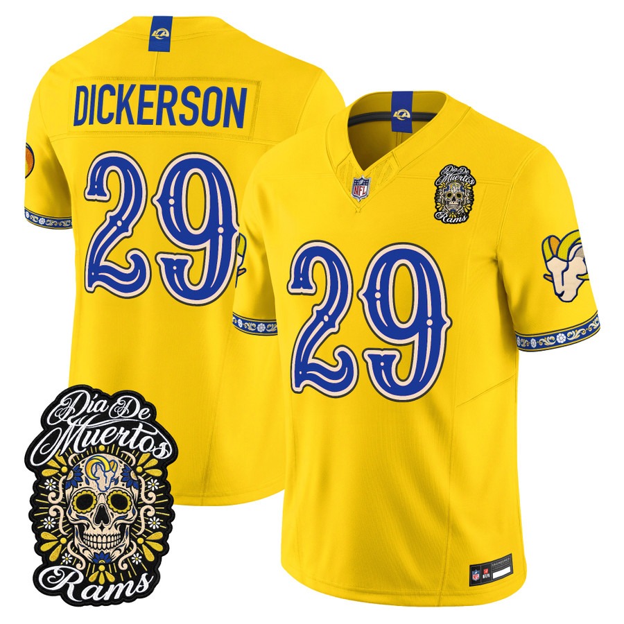 Men & Women & Youth Los Angeles Rams #29 Eric Dickerson Gold Dia de los Muertos Vapor Limited Jersey - All Stitched