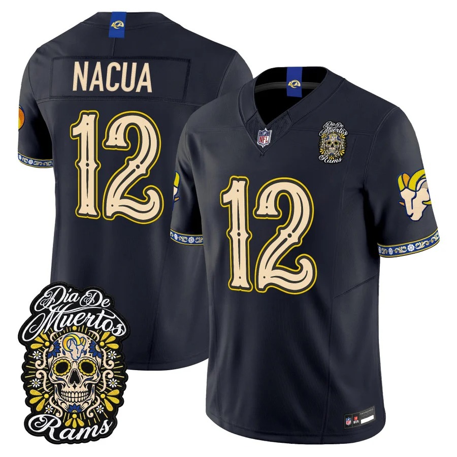 Men & Women & Youth Los Angeles Rams #12 Puka Nacua Dark Blue Dia de los Muertos Vapor Limited Jersey - All Stitched
