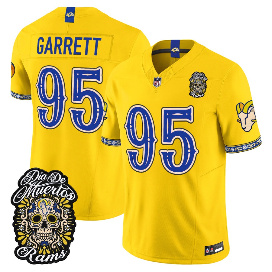 Men & Women & Youth Los Angeles Rams #95 Myles Garrett Gold Dia de los Muertos Vapor Limited Jersey - All Stitched