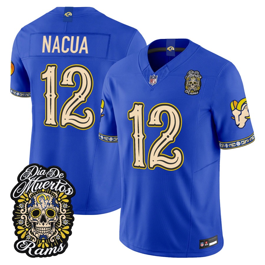 Men & Women & Youth Los Angeles Rams #12 Puka Nacua Royal Dia de los Muertos Vapor Limited Jersey - All Stitched