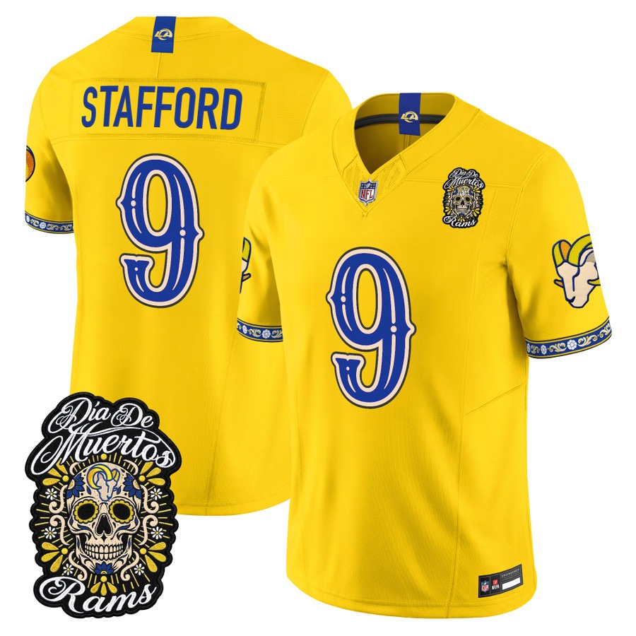 Men & Women & Youth Los Angeles Rams #9 Matthew Stafford Gold Dia de los Muertos Vapor Limited Jersey - All Stitched