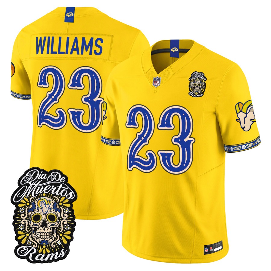 Men & Women & Youth Los Angeles Rams #23 Kyren Williams Gold Dia de los Muertos Vapor Limited Jersey - All Stitched
